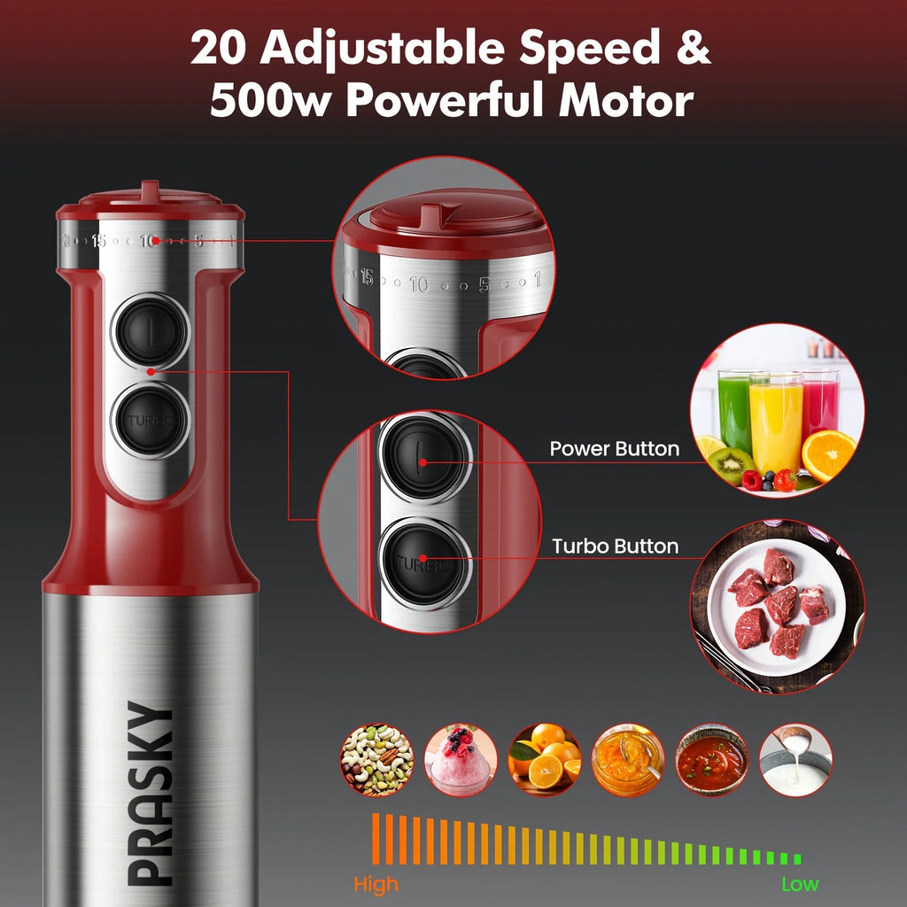 PRASKY 5-in-1 Handheld Immersion Blender with High Power Motor & Multi-Attachment System - Powerful Motor, Whisk, Meat Chopper