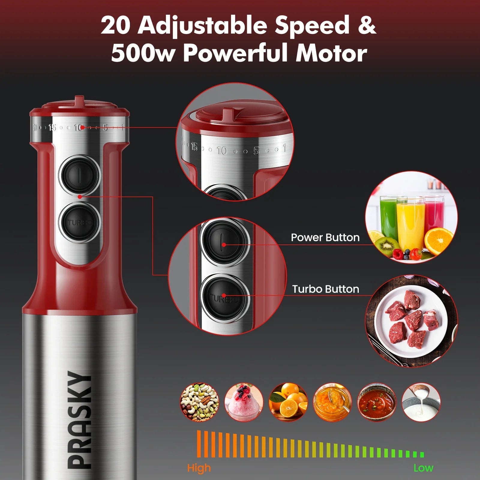PRASKY 5-in-1 Handheld Immersion Blender with High Power Motor & Multi-Attachment System - Powerful Motor, Whisk, Meat Chopper