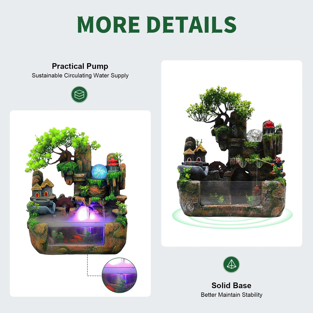 110V 3.5W Resin Tabletop Water Fountain, with Atomizer & Auto Pump, Led Illuminated Waterfall, Zen Décoration for Meditation
