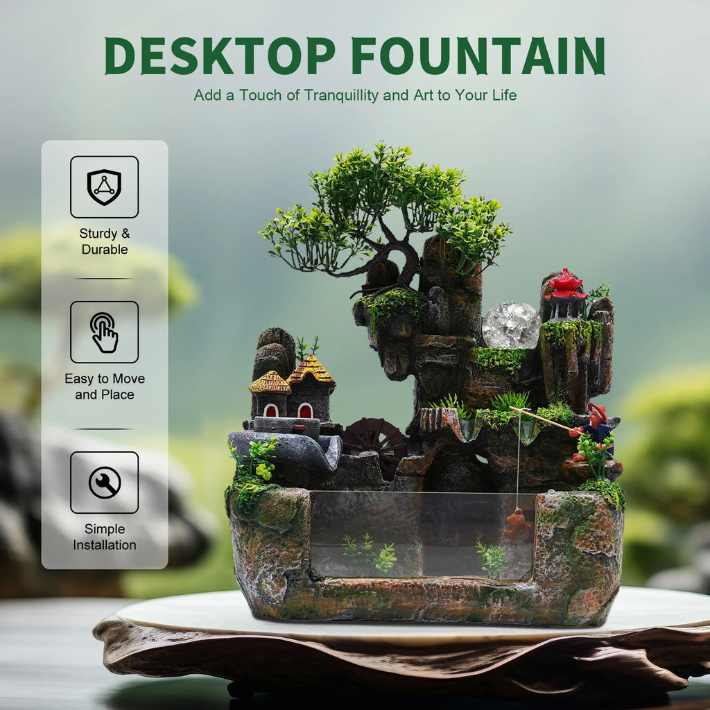 110V 3.5W Resin Tabletop Water Fountain, with Atomizer & Auto Pump, Led Illuminated Waterfall, Zen Décoration for Meditation