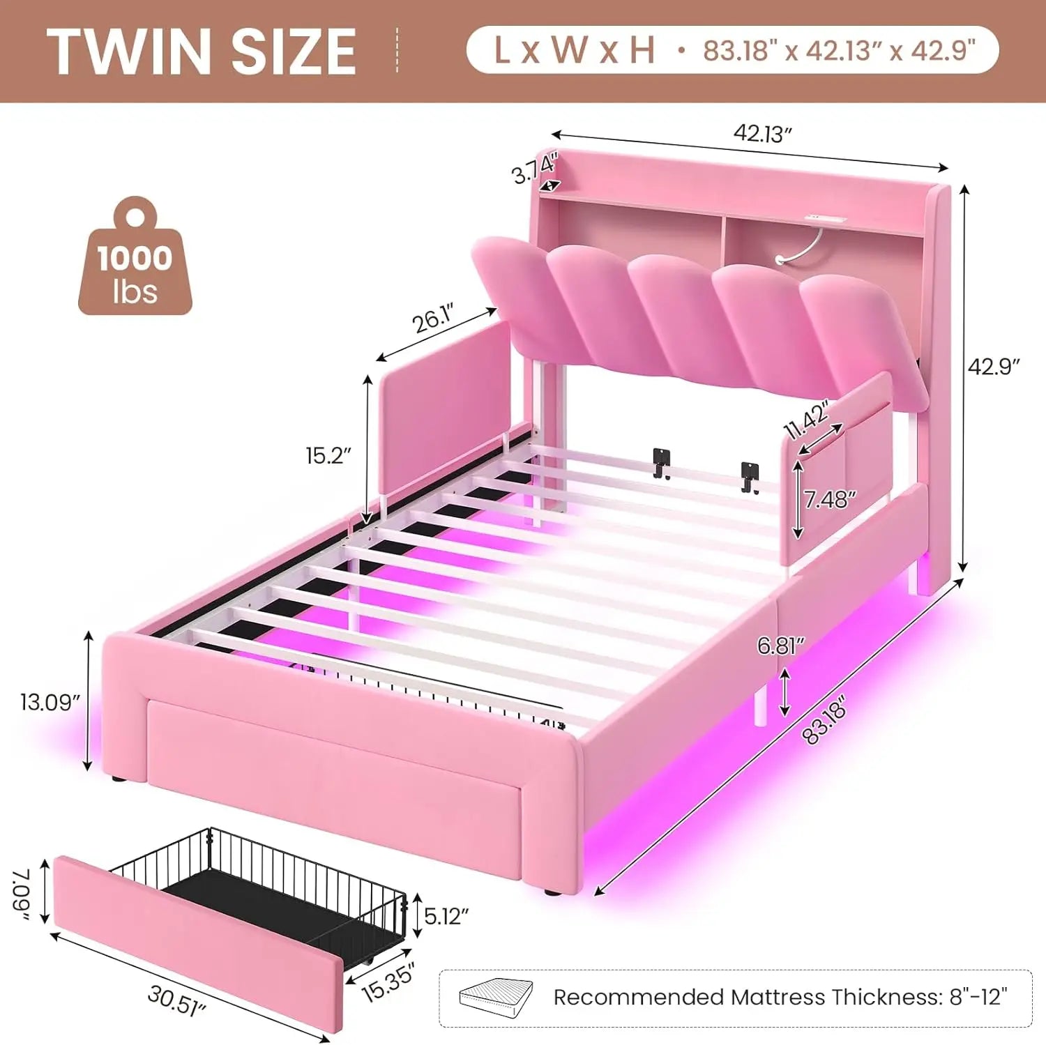 Twin Size Princess Bed Frame Storage Drawer Safety Guardrails Led Velvet Upholstered Platform Bed Girls Wavy Storage Headboard C