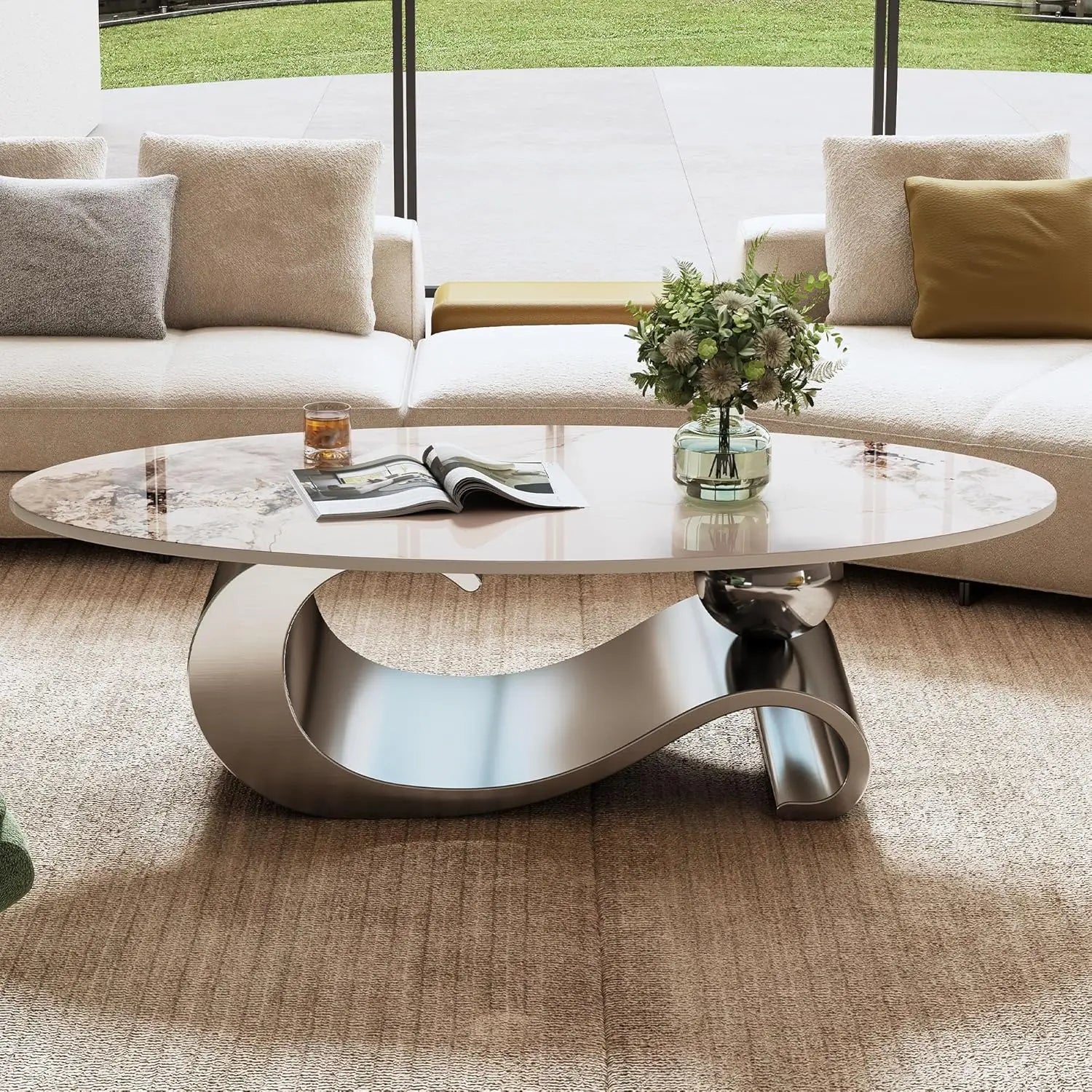 Modern Coffee Table with Silver Stainless Steel Pedestal