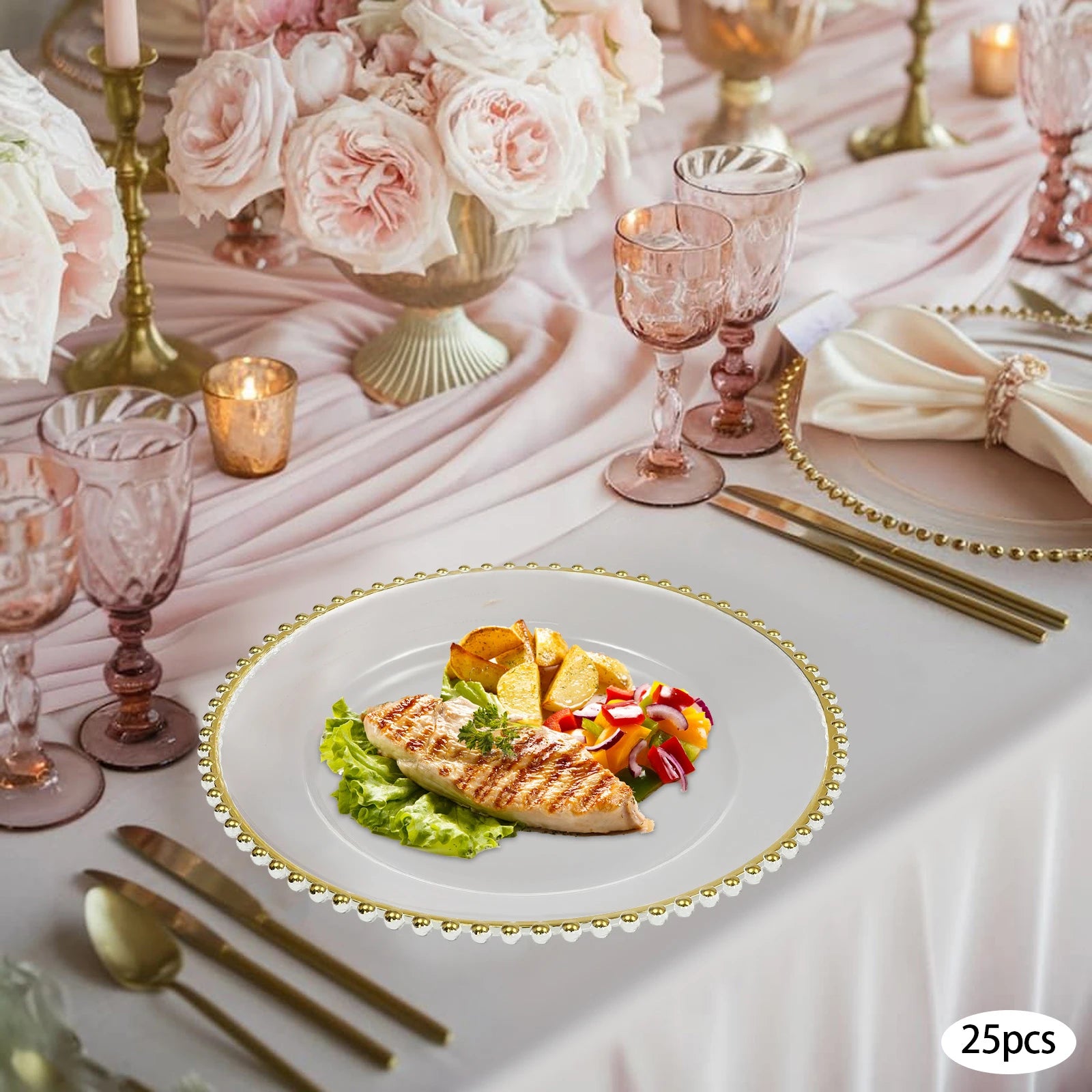Luxury Gold Beaded Rim Charger Plates 25Pcs