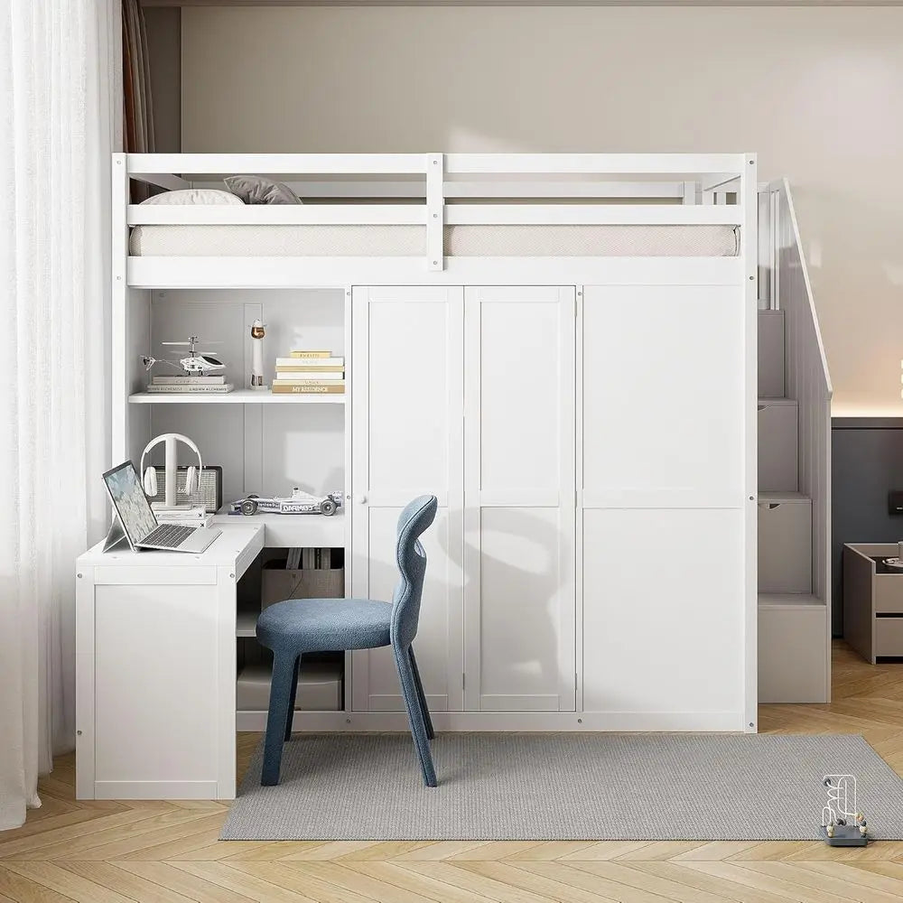 Full Size Loft Bed with Desk, Stairs, Wardrobe, Bookshelf, White for Bedroom or Study in Small Spaces