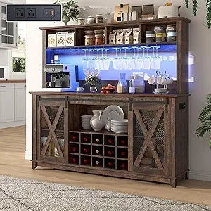 Farmhouse Coffee Wine Buffet Cabinet with LED