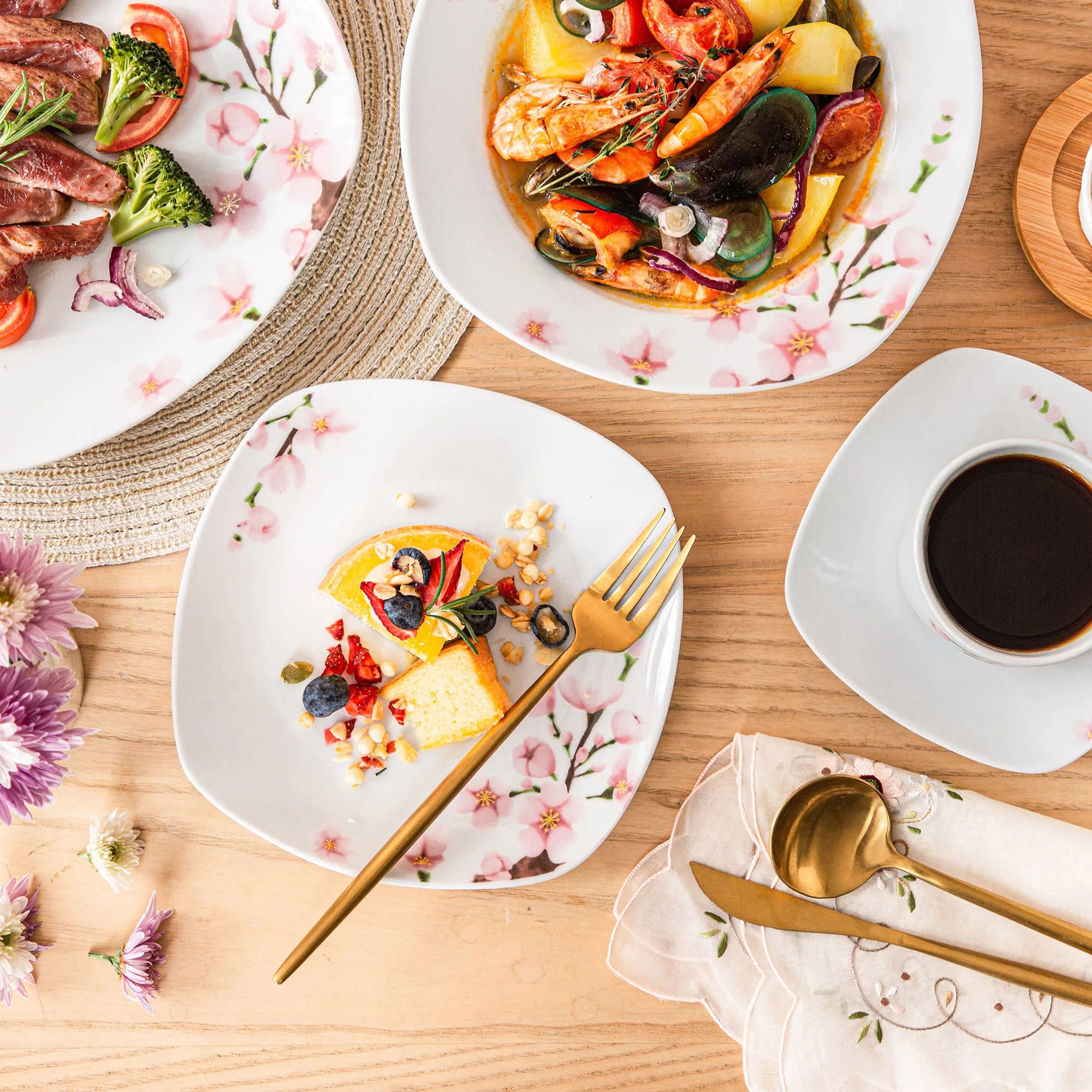 60-Piece White Ceramic Pink Floral Porcelain Plate Set