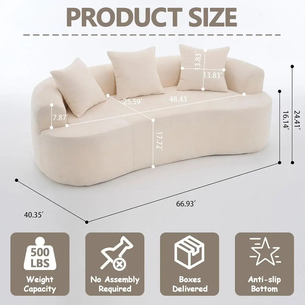Beige Curved Loveseat Sofa with 3 Throw Pillows