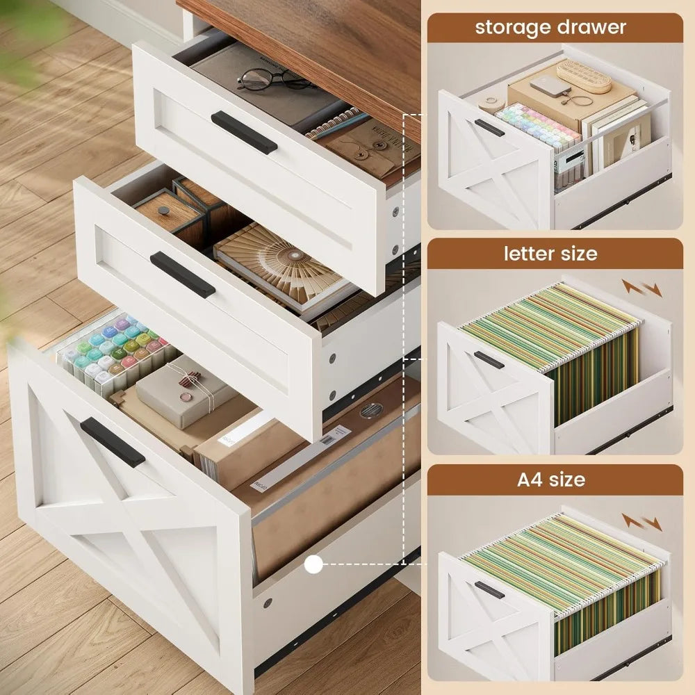55.1" Farmhouse Desk w/ 3 Drawers, File Drawer & Shelves, Computer Desk w/ Power Outlet, White/Brown