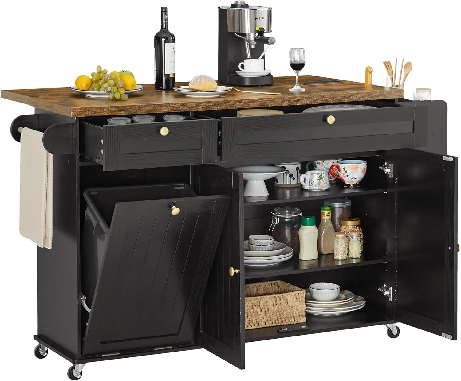 60" Mobile Kitchen Islands Table Drop Leaf with Power Outlet