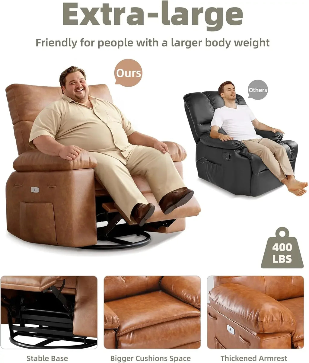 Garvee Manual Recliner Chair Sofa PU Leather, Comfortable 135° Reclining Armchair with Foldable Telescopic Armrests, Wide Seat 56cm, Living Room Lounge Chair Retro