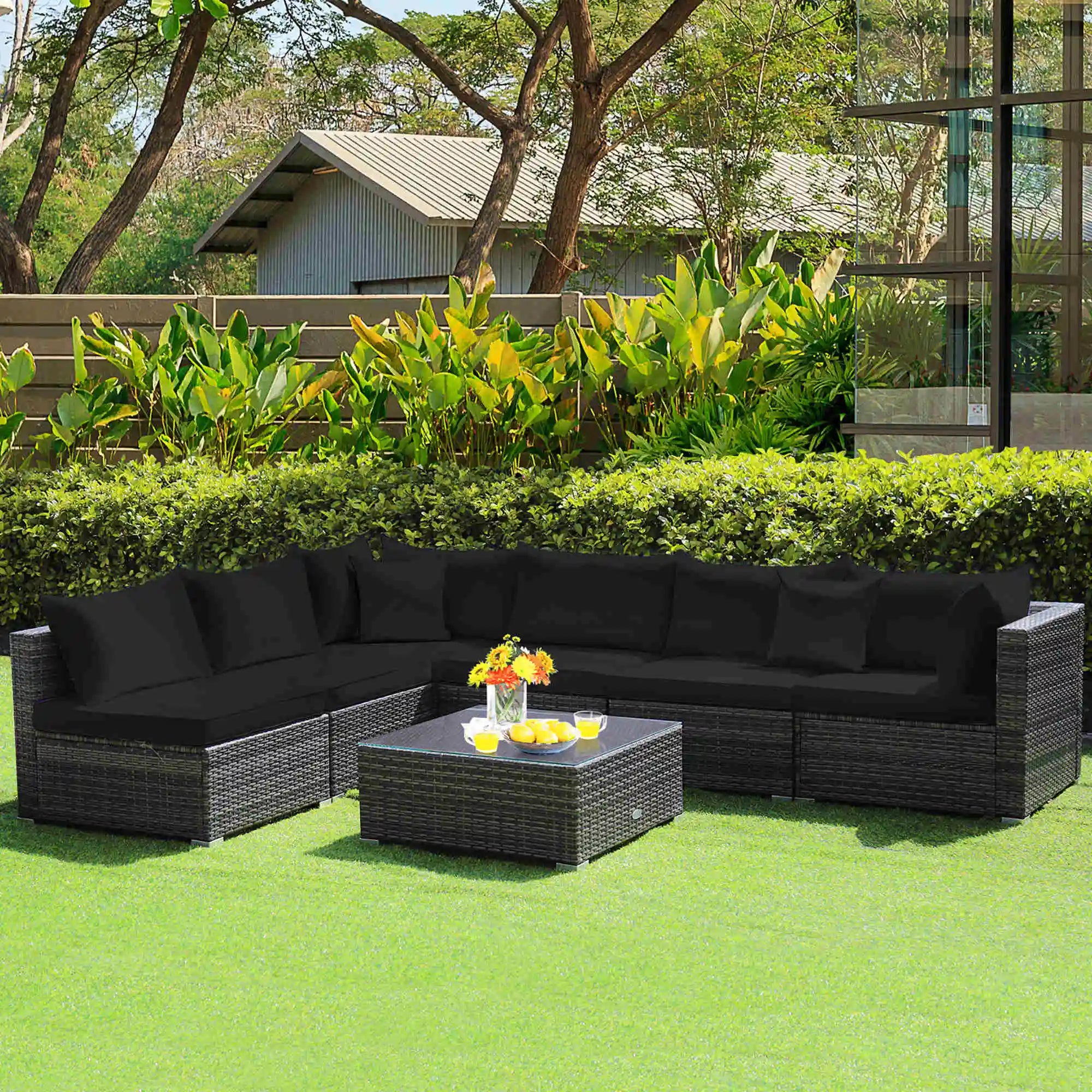 7PCS Patio Rattan Furniture Set Sectional Sofa Cushioned