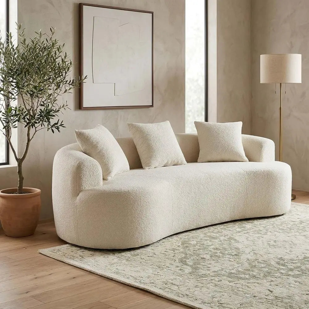 Beige Curved Loveseat Sofa with 3 Throw Pillows