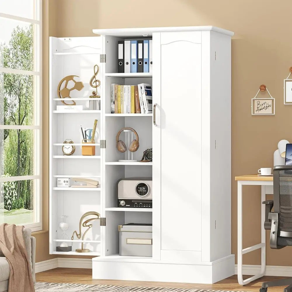 White Freestanding Kitchen Pantry Cabinet with Adjustable Shelves