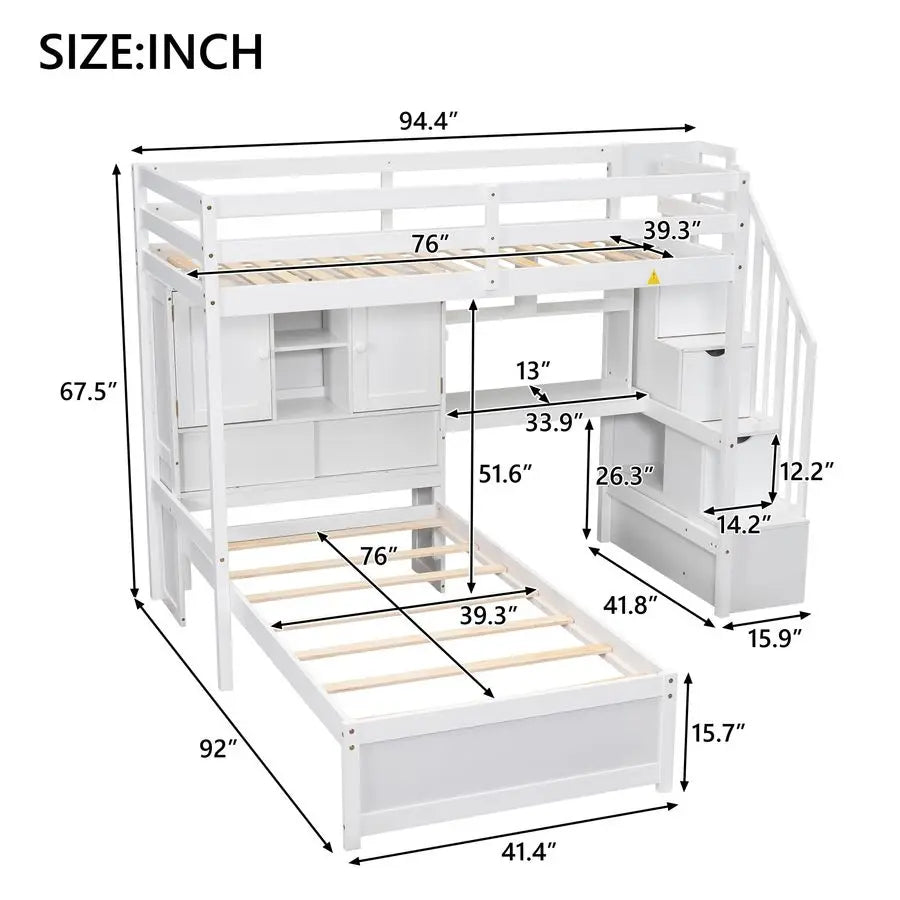 Bunk Bed Twin Over Twin with Desk Storage Compartments Shelves,