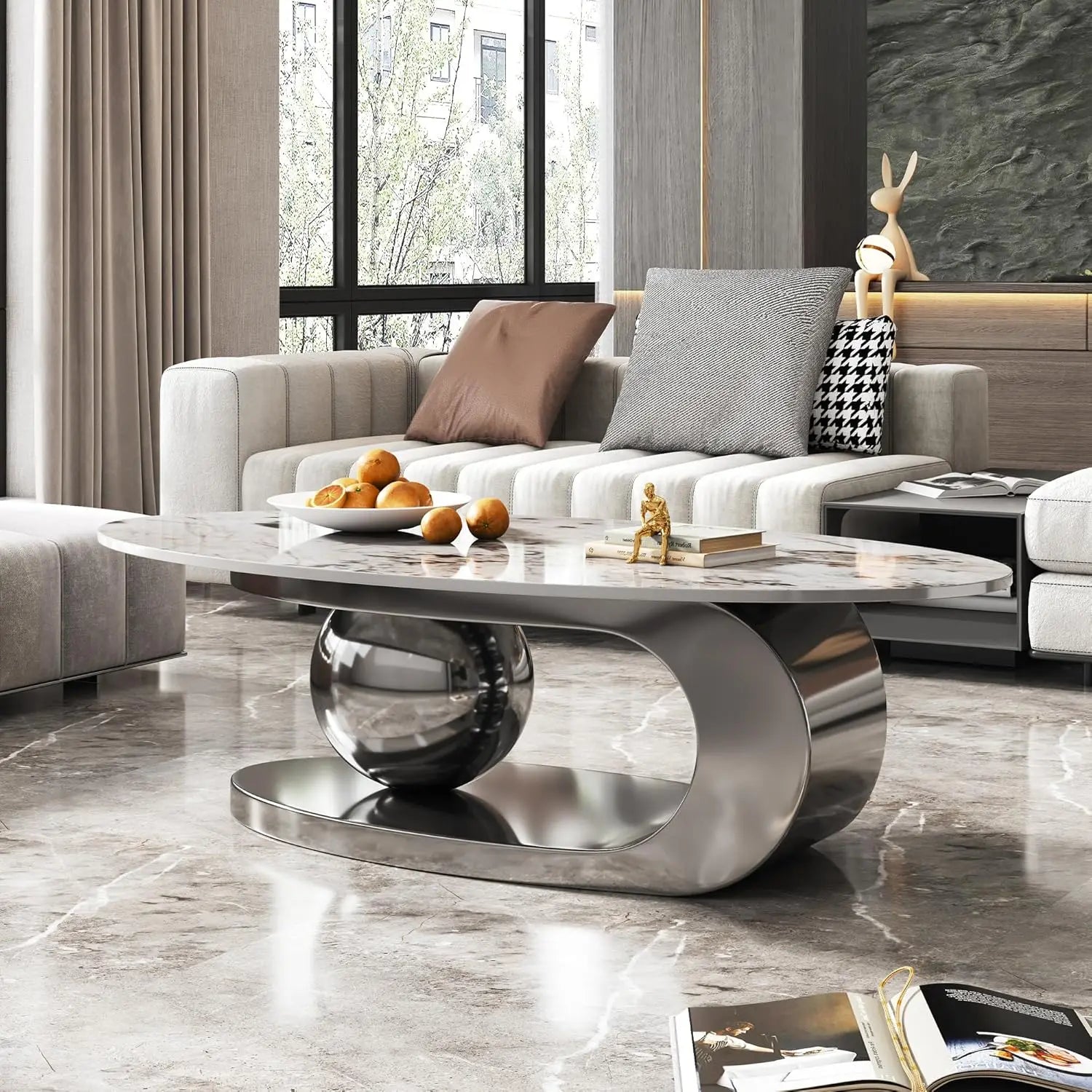 Modern Coffee Table with Silver Stainless Steel Pedestal