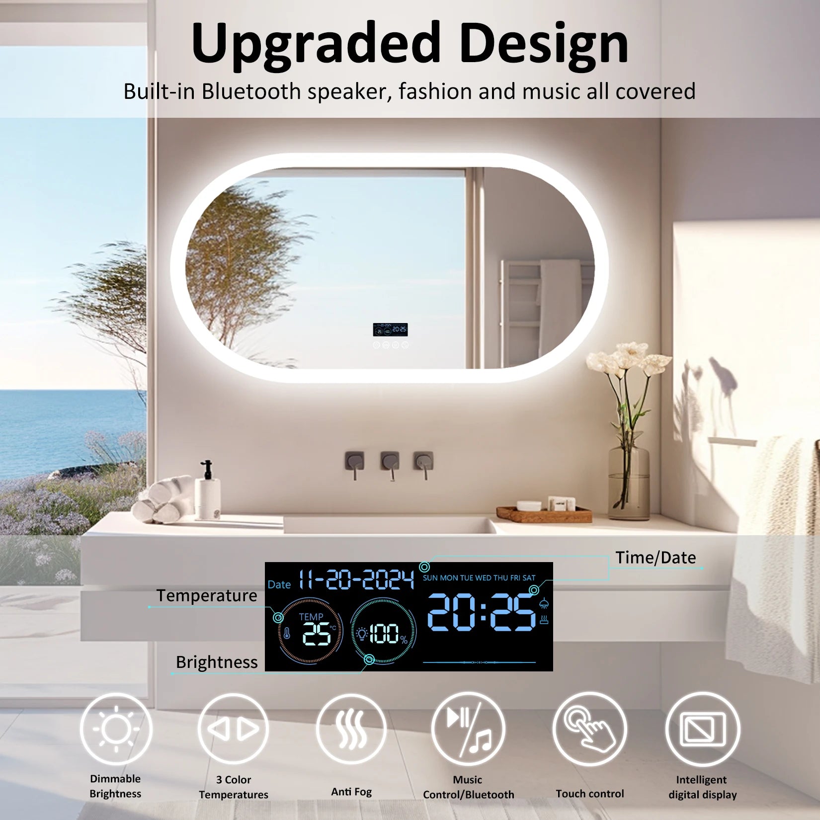 LED Bathroom Mirror with Lights, Anti-Fog, Bluetooth Speaker,