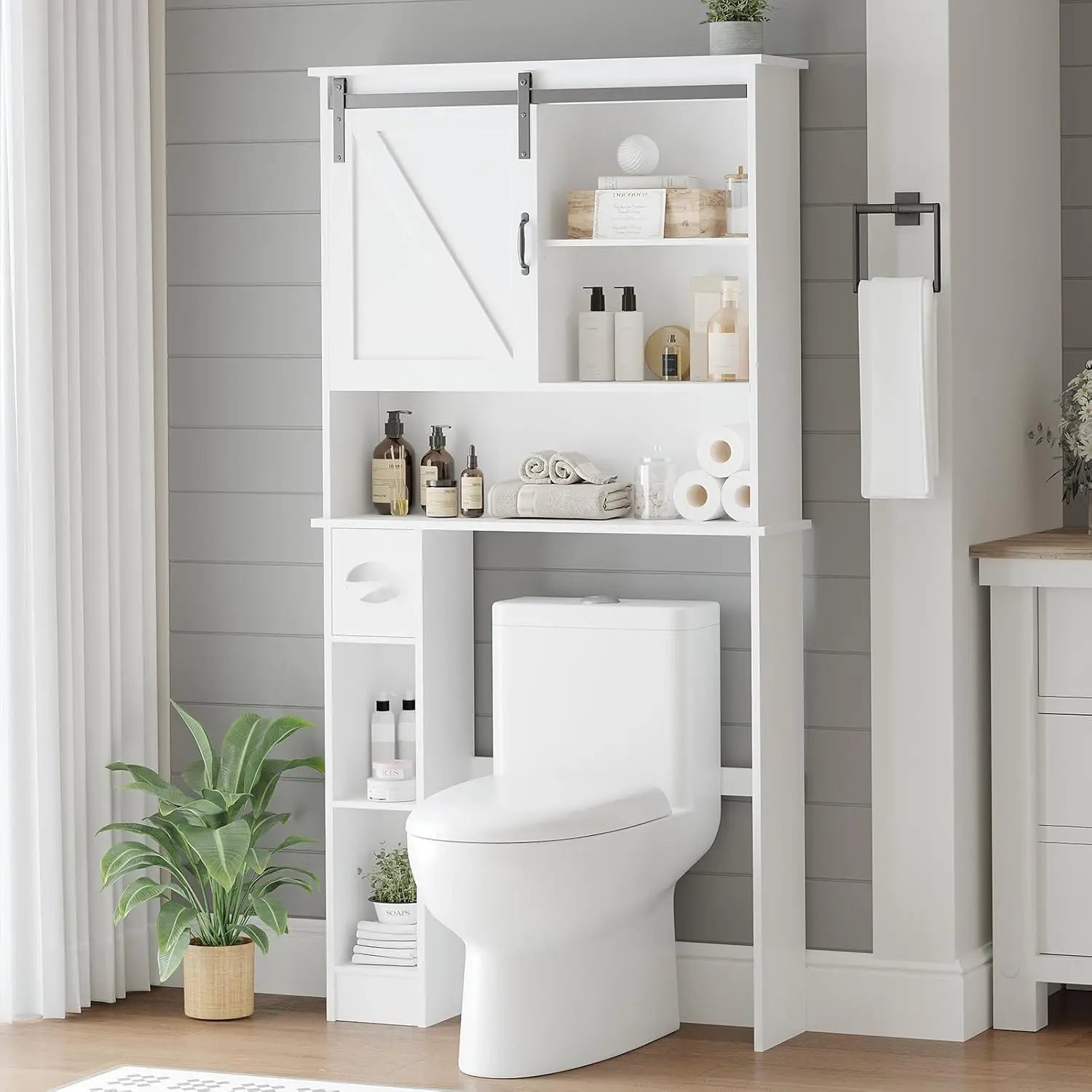 Bathroom Storage Cabinet-Above Toilet Organizer with Sliding Barn Door