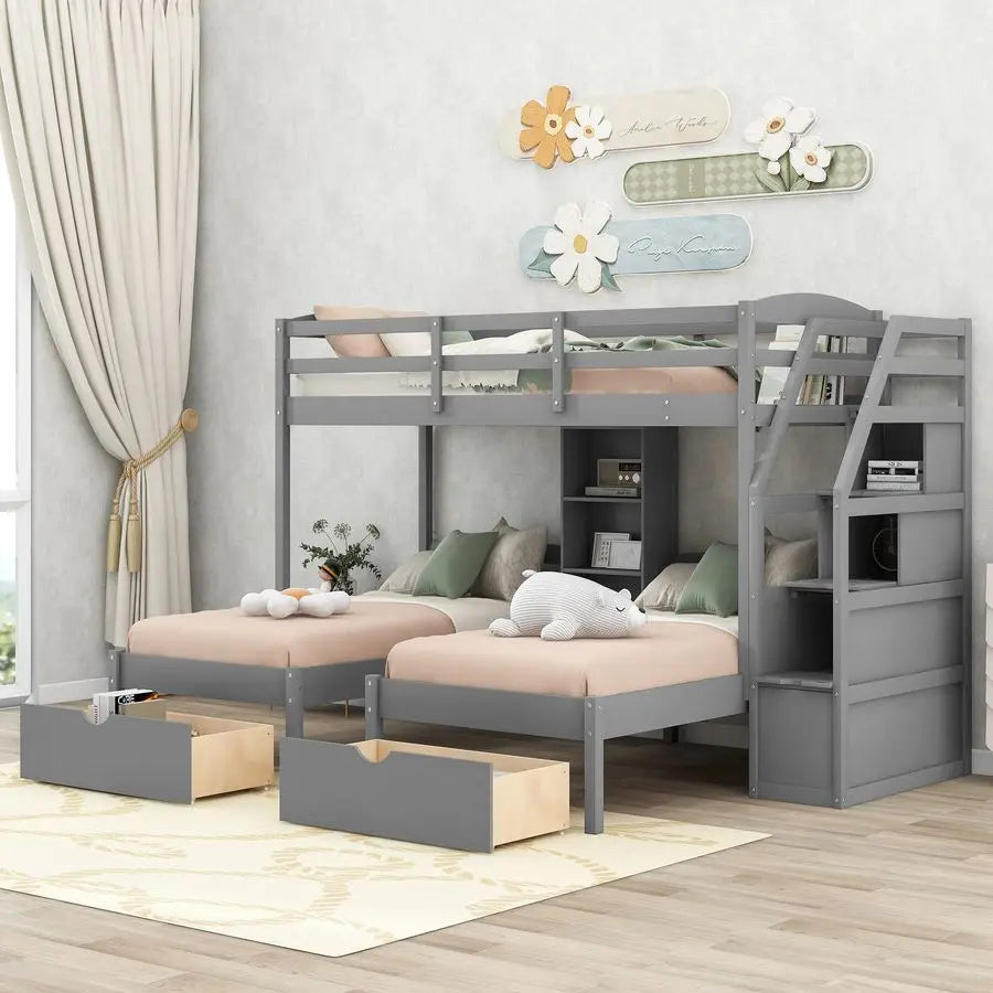 Triple Bunk Beds with Stairs and Storage Drawers