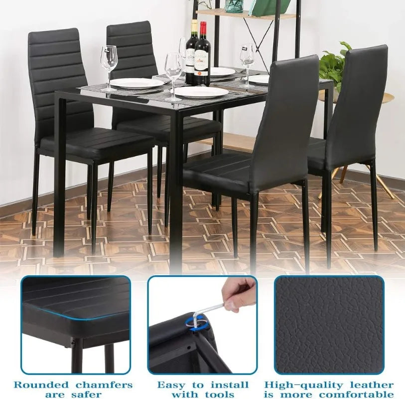 5-Piece Dining Table Set Black Glass Kitchen Table