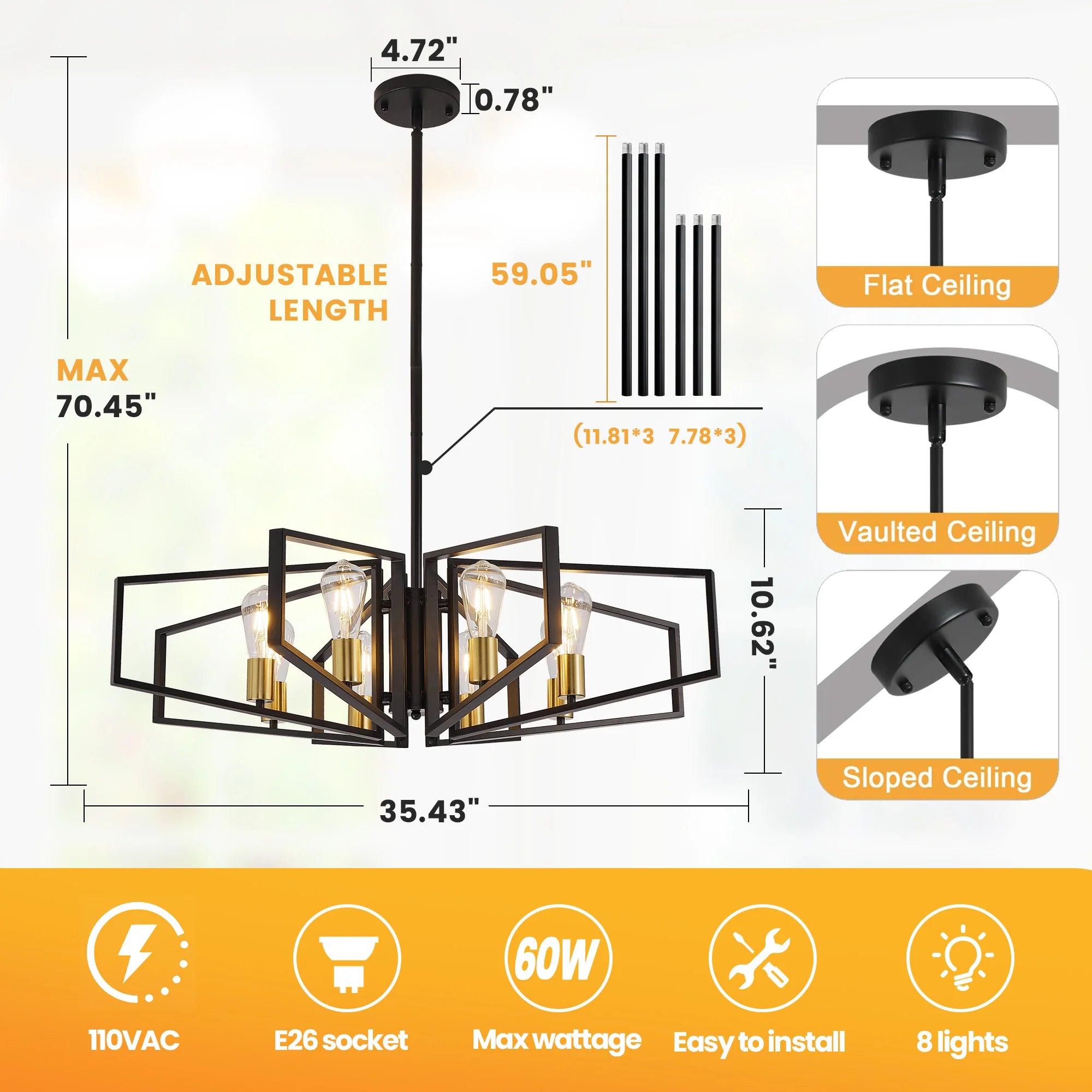 Modern 8-Light Geometric Chandelier Adjustable Height