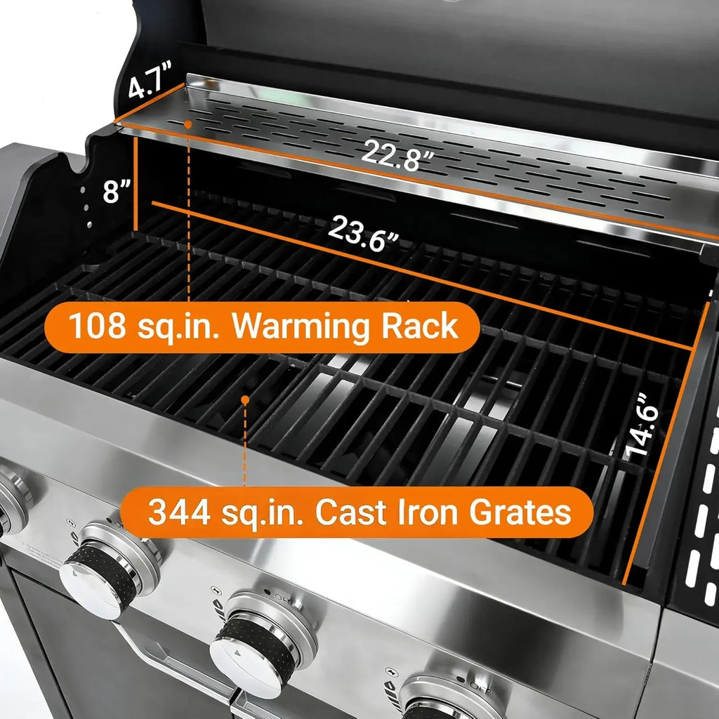 4 Burner Propane Gas Grill with Side Burner, 51000 BTU Cast Iron BBQ Grill, Pullout Oil Drip Tray for Outdoor, Customized