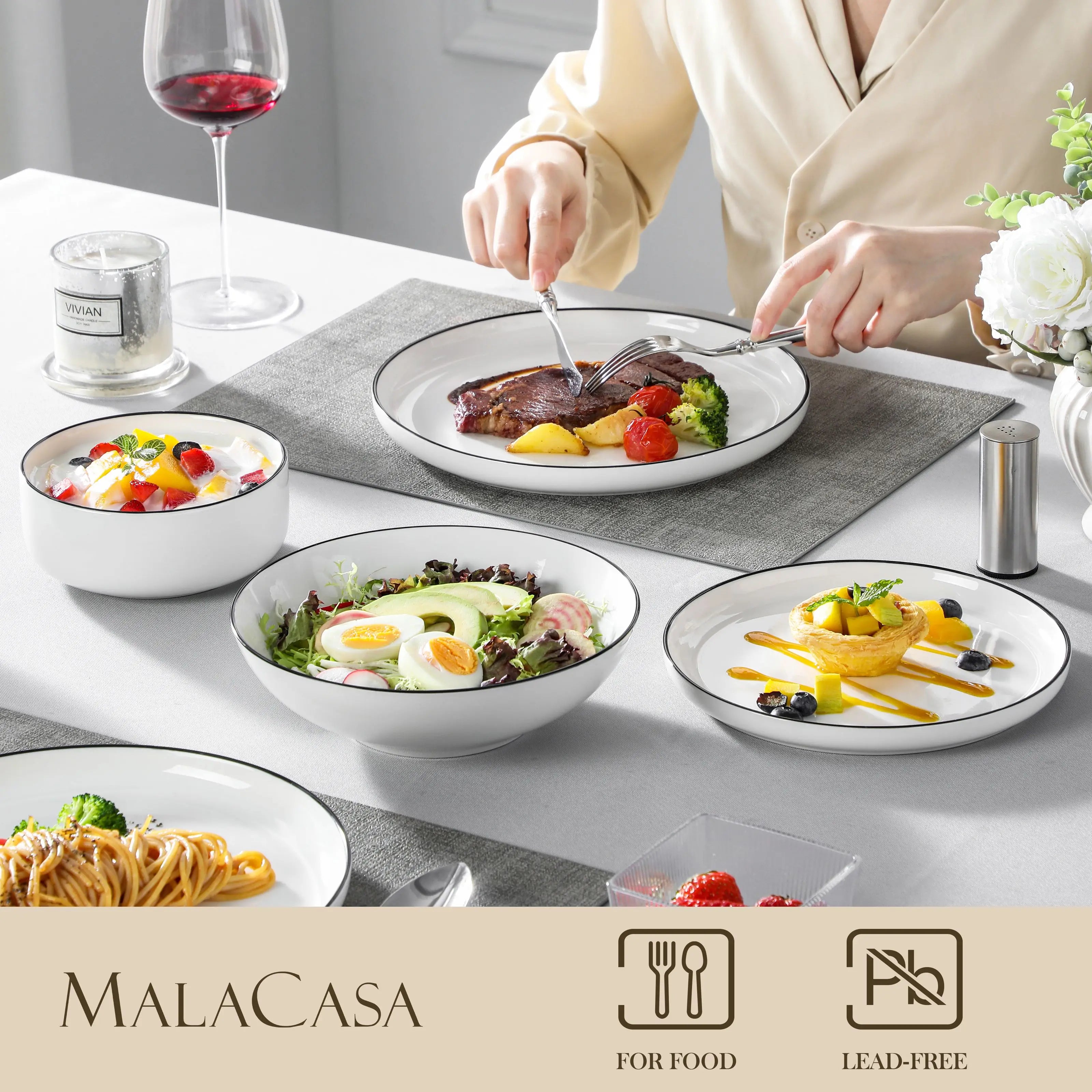 24/48Piece Ceramic Plates Black Rim Porcelain Dinnerware Set