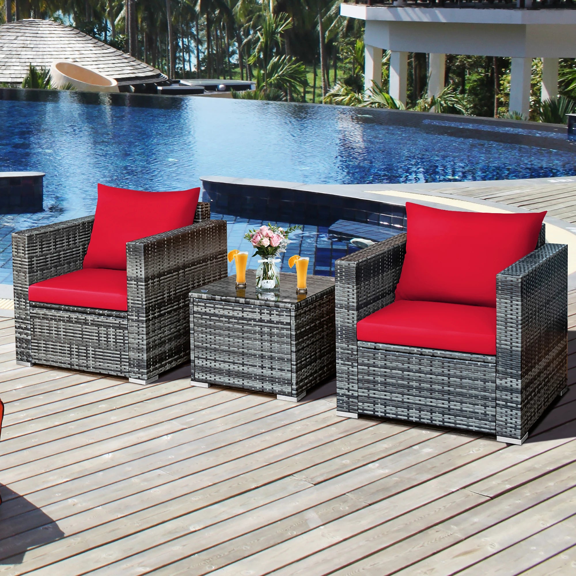 Patio Rattan Furniture Bistro Set Cushioned Sofa Chair Table