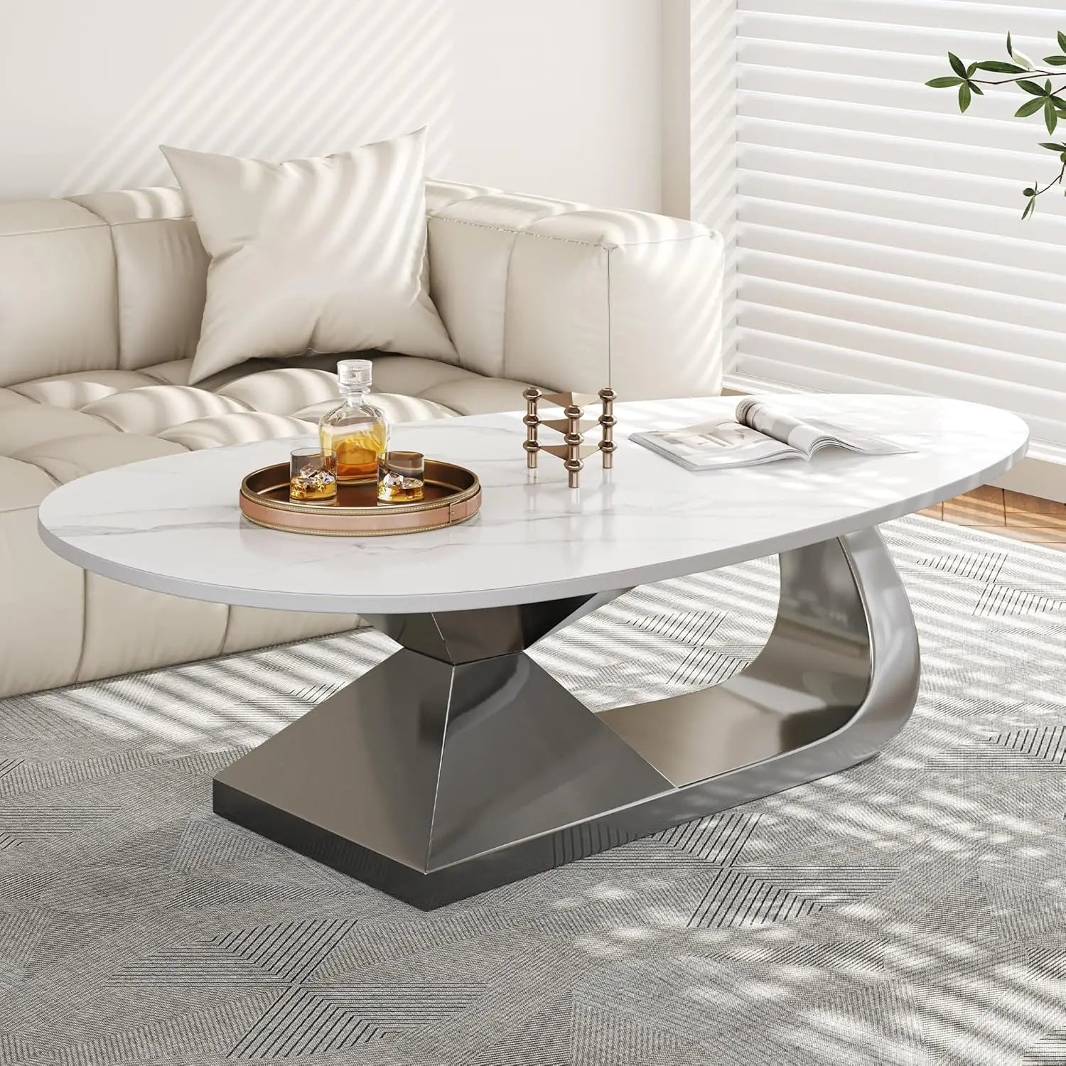 Modern Coffee Table with Silver Stainless Steel Pedestal