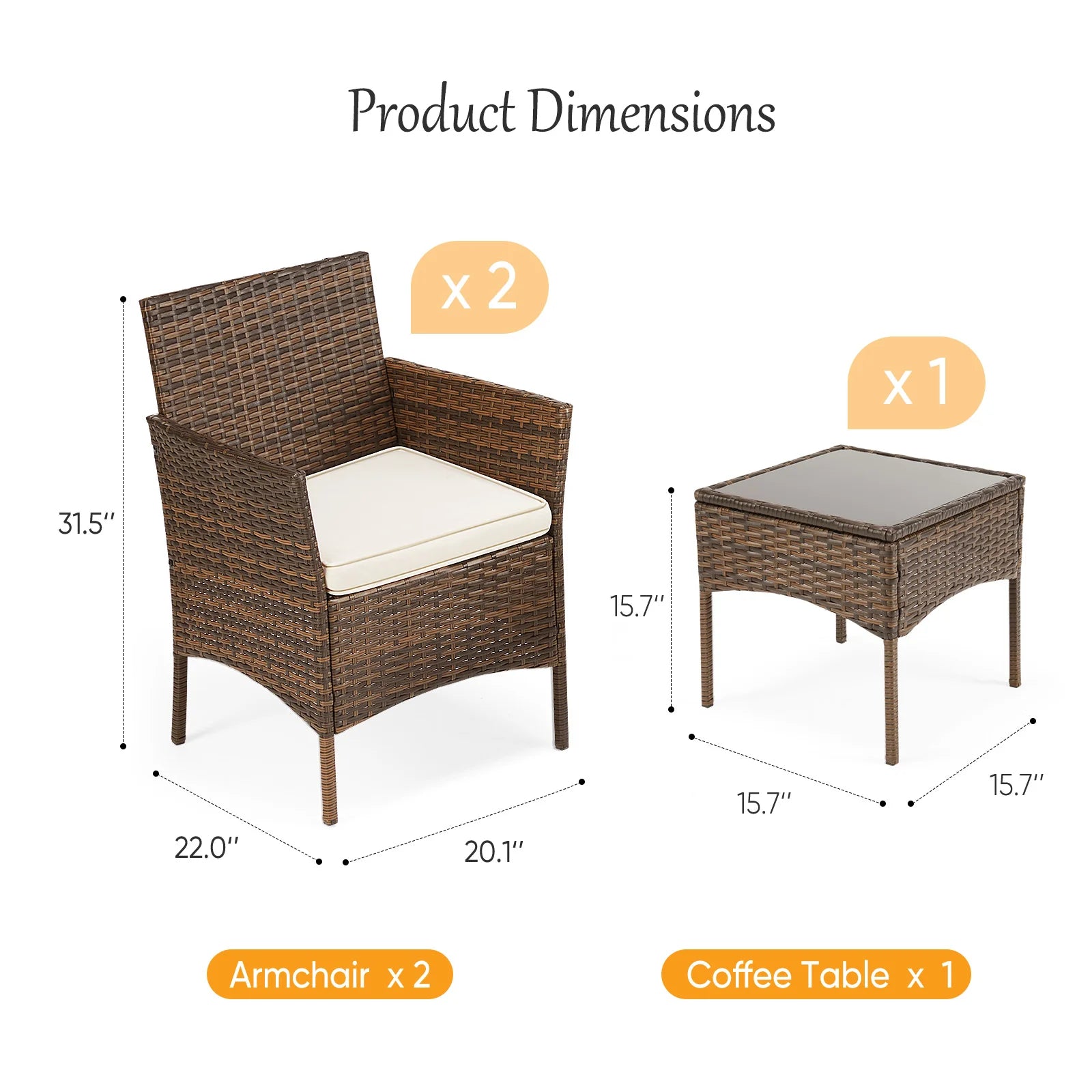 Wicker Rattan Patio Chairs with Soft Cushion and Glass Table