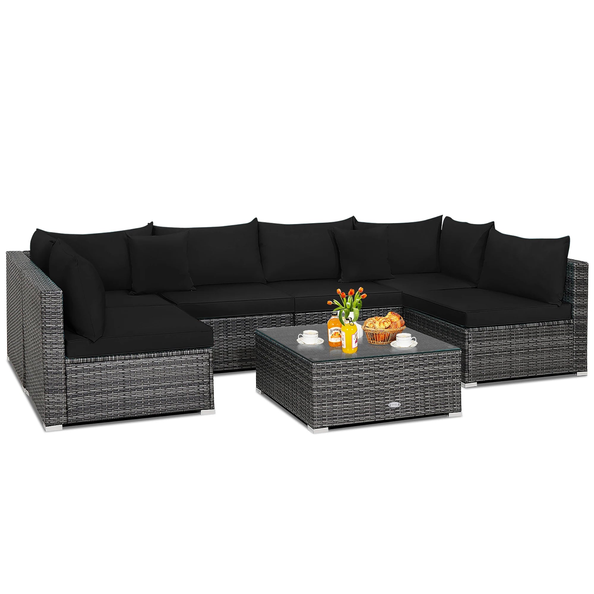 7PCS Patio Rattan Furniture Set Sectional Sofa Cushioned