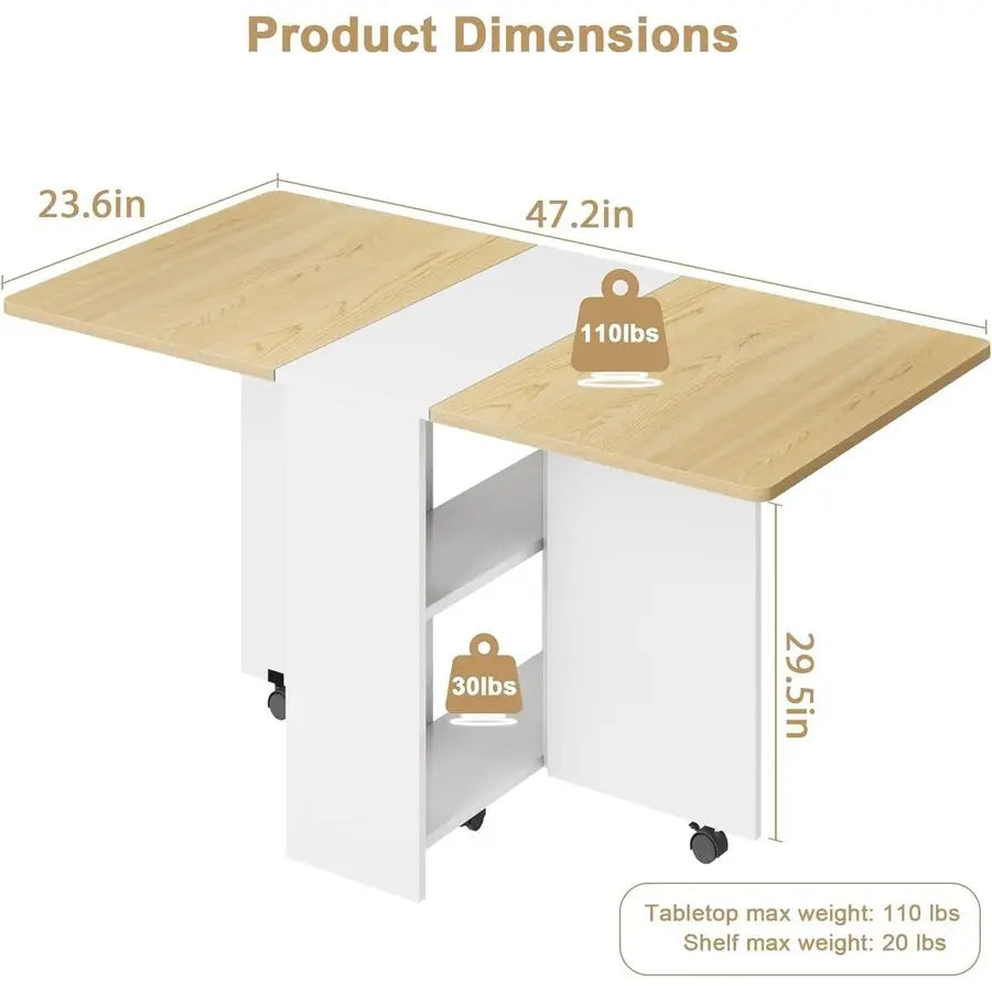 Folding Dining Table, Space Saving, Storage Shelf, 6 Wheels
