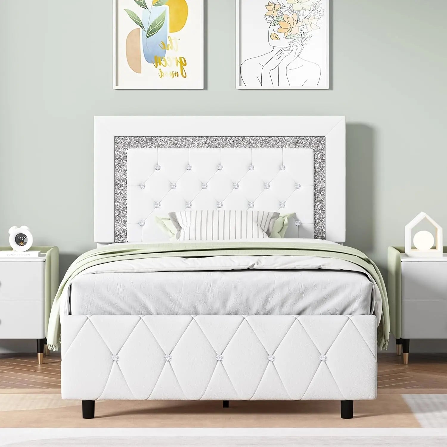 Pink Faux Leather Upholstered Twin Bed Frame with Headboard