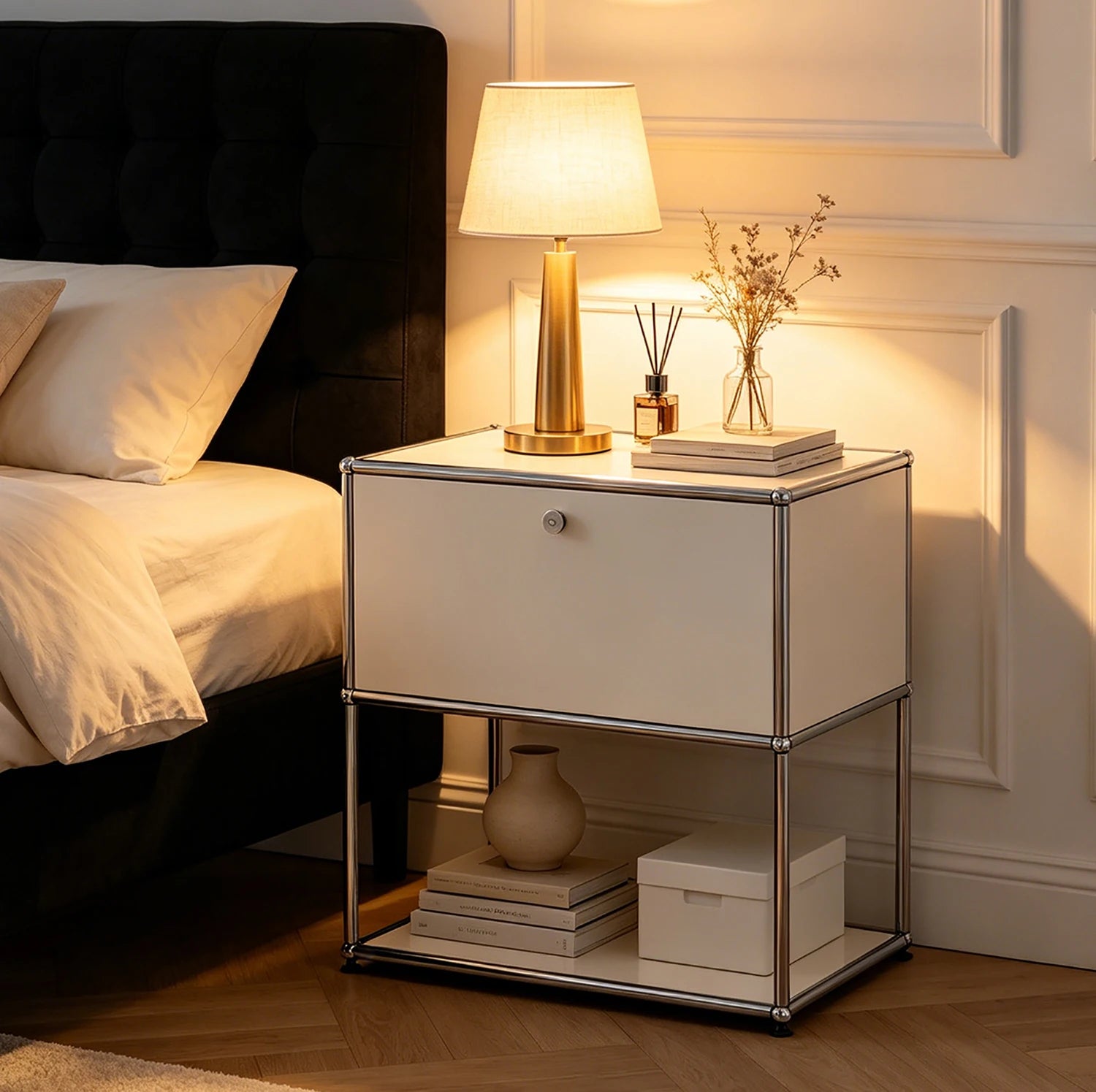 Modern Modular Nightstand Chrome Metal Frame Small Side End Table