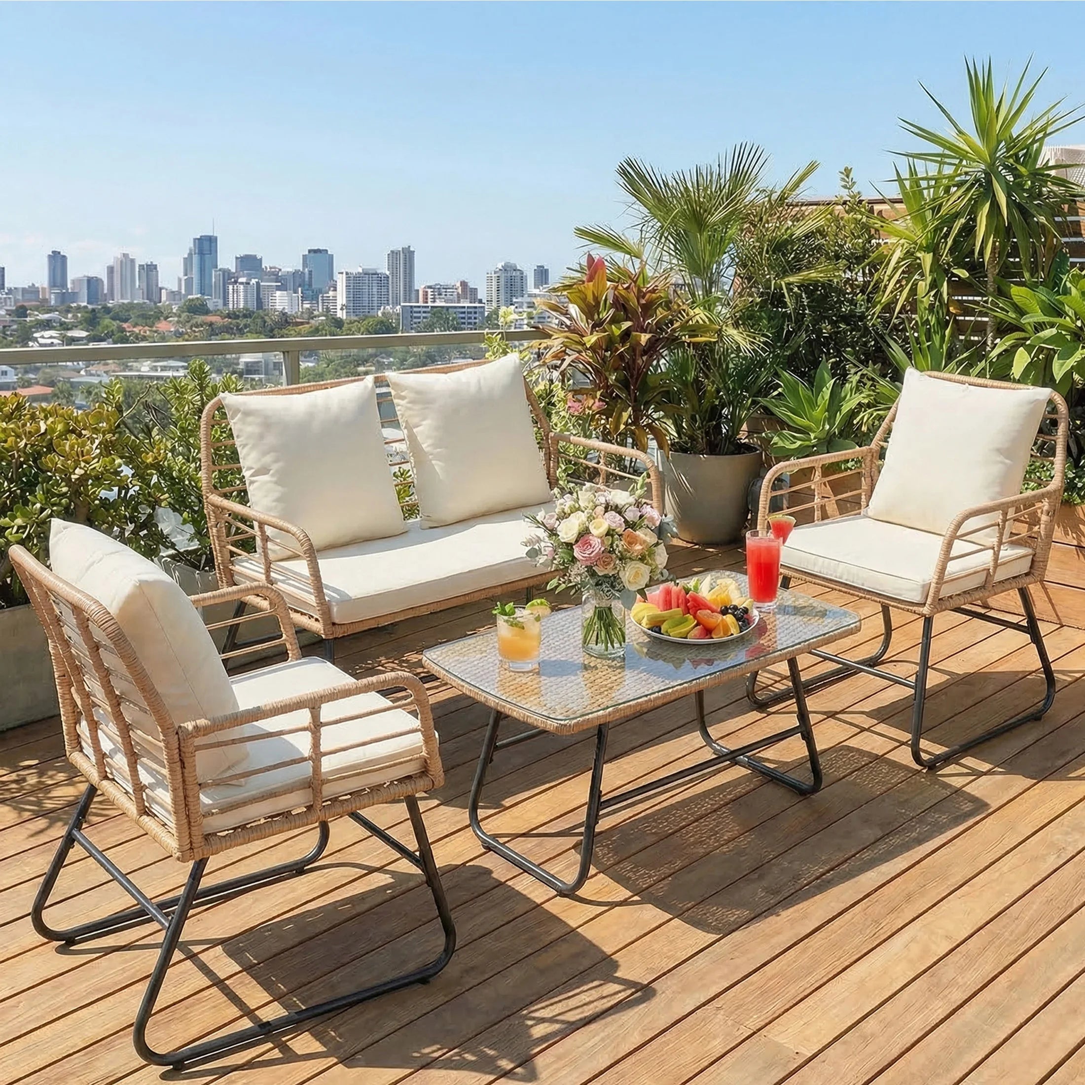 Outdoor Wicker Patio Furniture Set 4 with Soft Cushion and Glass Table