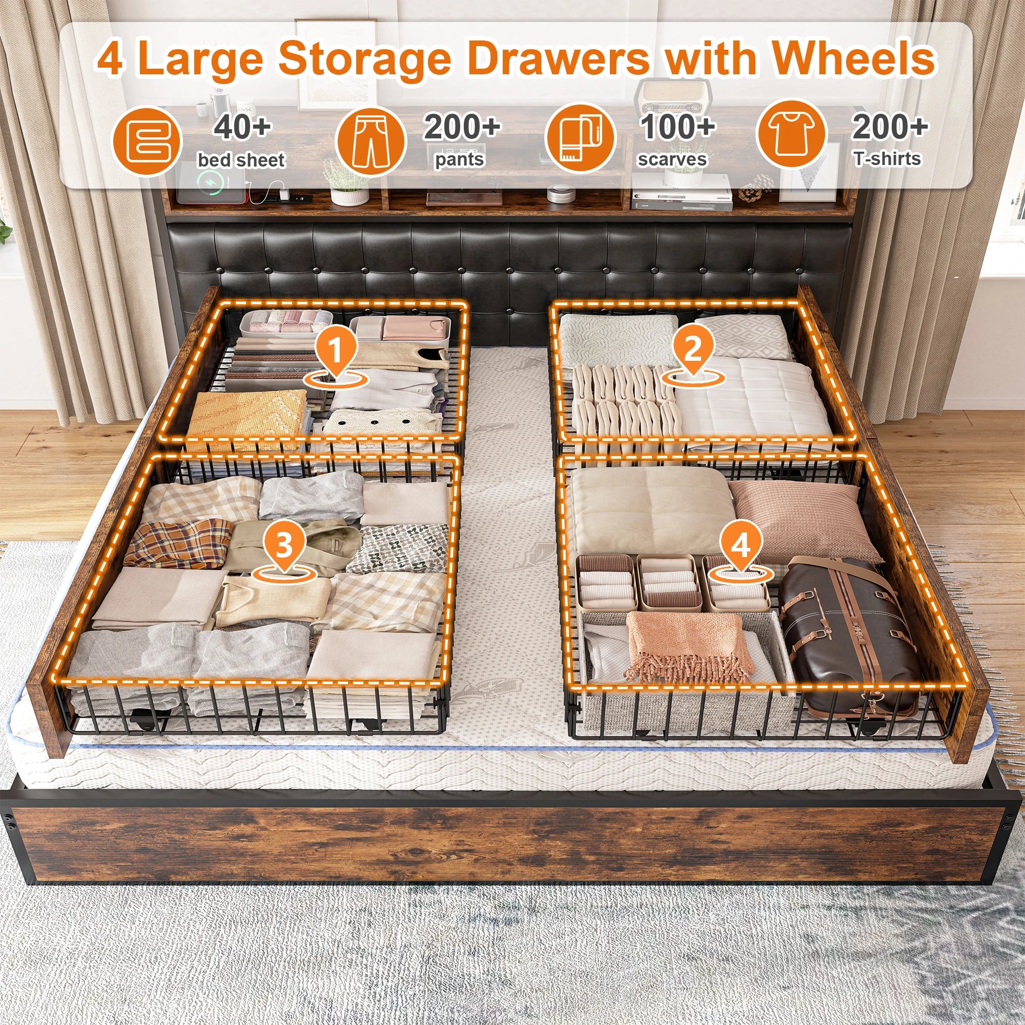 Full/Queen/King Bed Frame 4 Storage Drawers