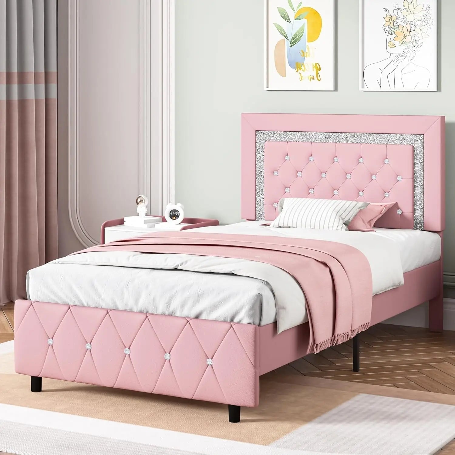 Pink Faux Leather Upholstered Twin Bed Frame with Headboard