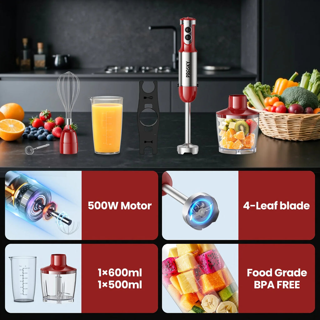 PRASKY 5-in-1 Handheld Immersion Blender with High Power Motor & Multi-Attachment System - Powerful Motor, Whisk, Meat Chopper