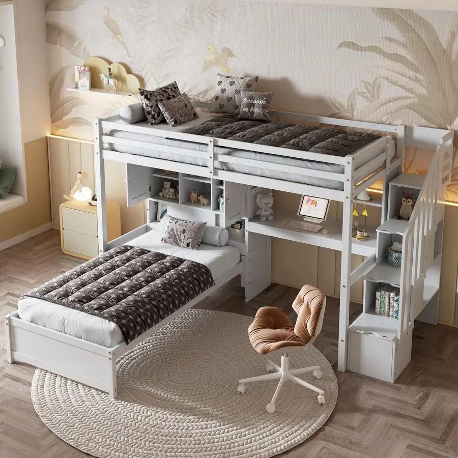 Bunk Bed Twin Over Twin with Desk Storage Compartments Shelves,