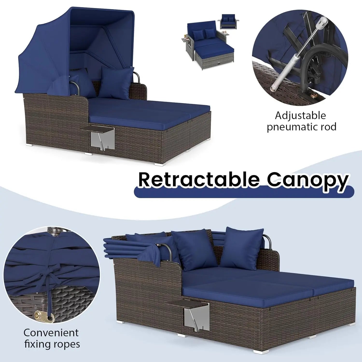 Outdoor Canopy Daybed Rattan Lounge w/Cushions & Pillows