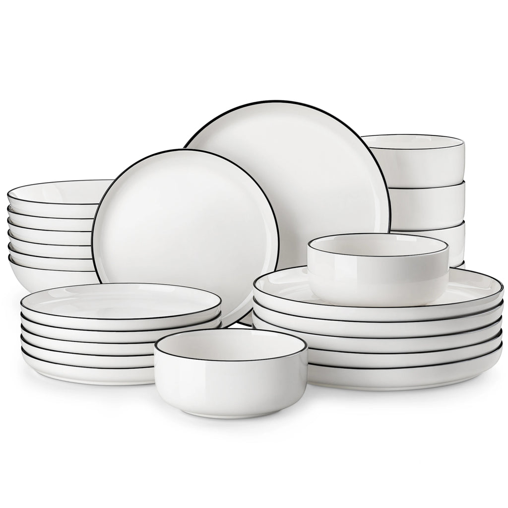 24/48Piece Ceramic Plates Black Rim Porcelain Dinnerware Set