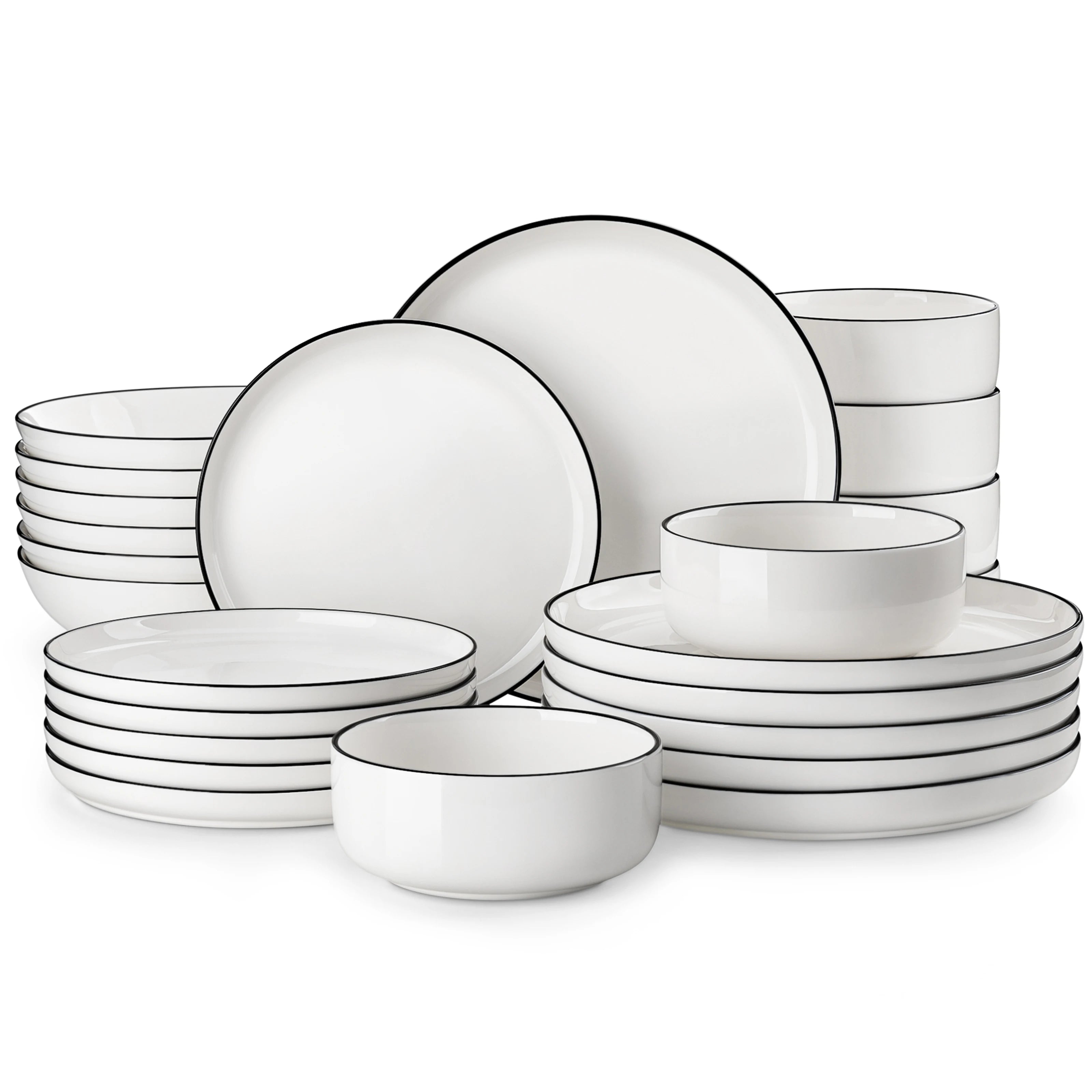 24/48Piece Ceramic Plates Black Rim Porcelain Dinnerware Set