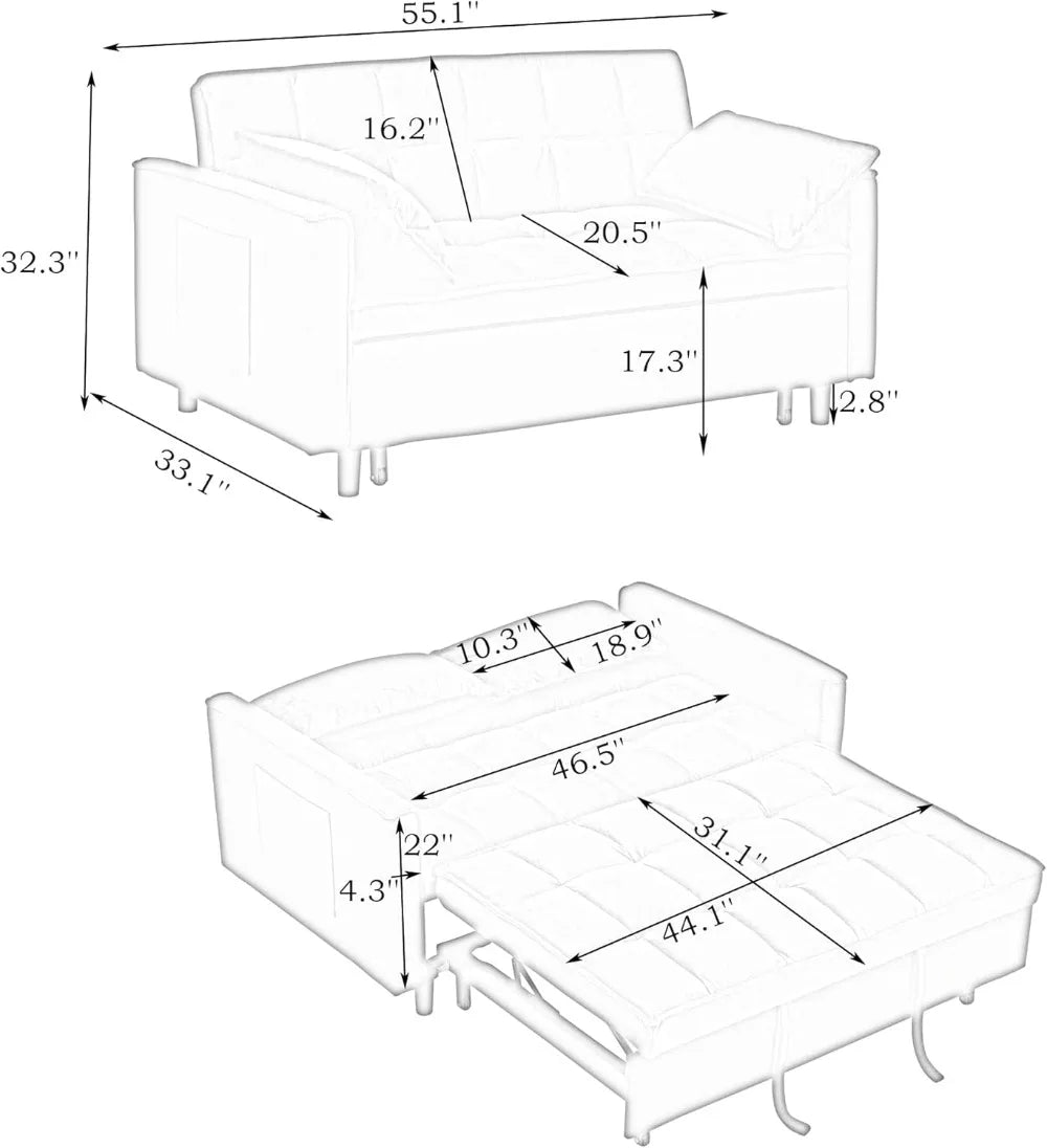 55" Velvet Sleeper Loveseat, 3-in-1 Sofa Bed with Storage Pockets,