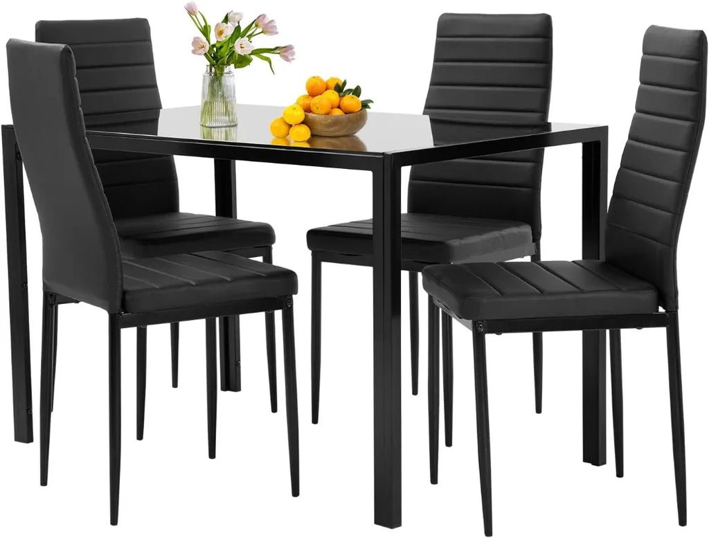 5-Piece Dining Table Set Black Glass Kitchen Table