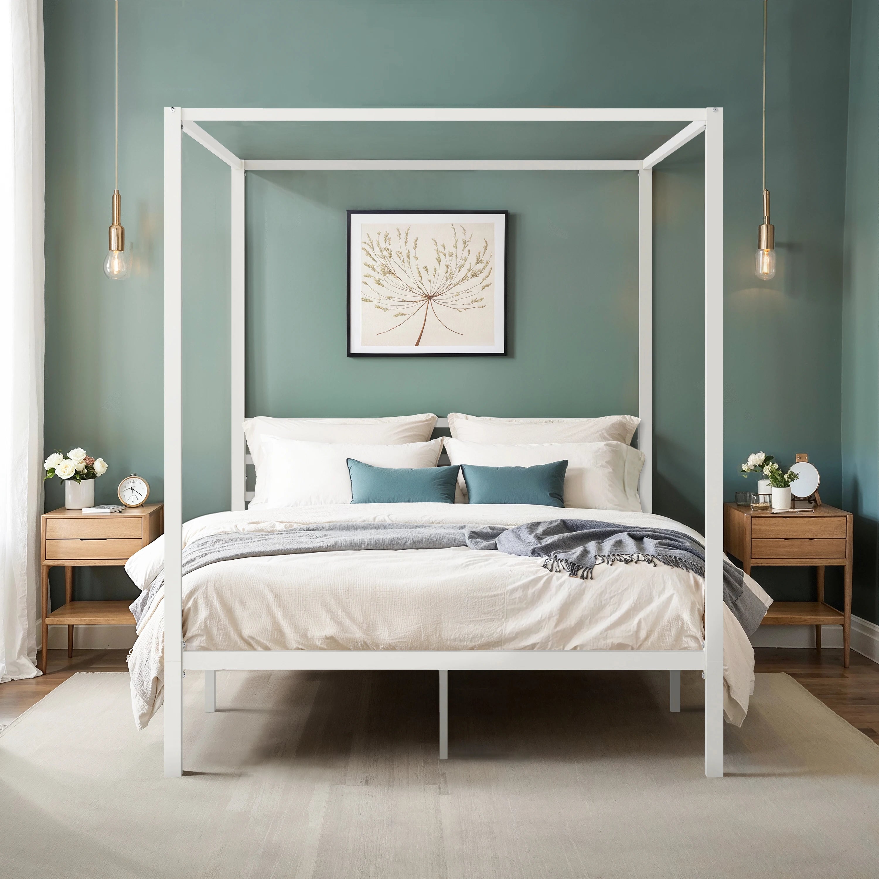 HOOMIC Canopy Bed Frame, 4-Poster, 3-Metal Crossbar,