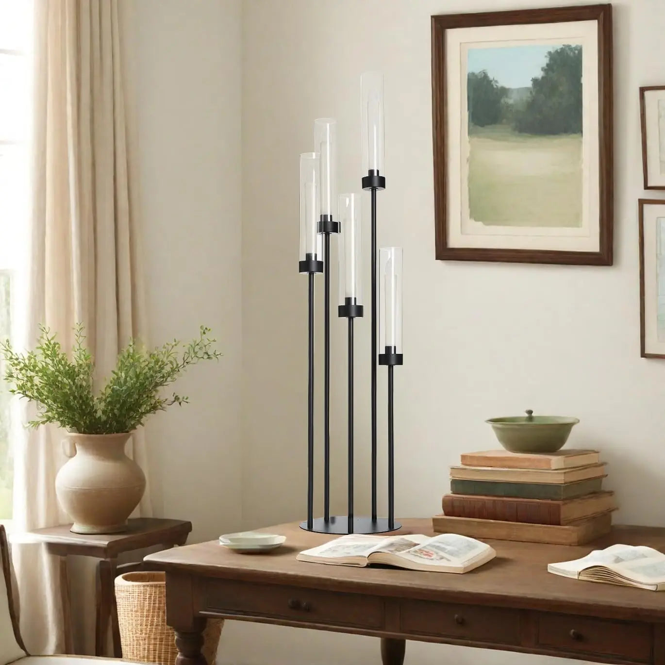 2PCS 39.8''Matte Black Candle Holder with Acrylic Shades