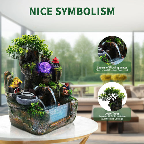 110V 3.5W Resin Tabletop Water Fountain, with Atomizer & Auto Pump, Led Illuminated Waterfall, Zen Décoration for Meditation