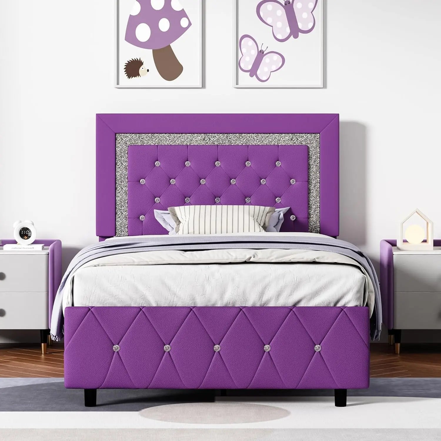 Pink Faux Leather Upholstered Twin Bed Frame with Headboard