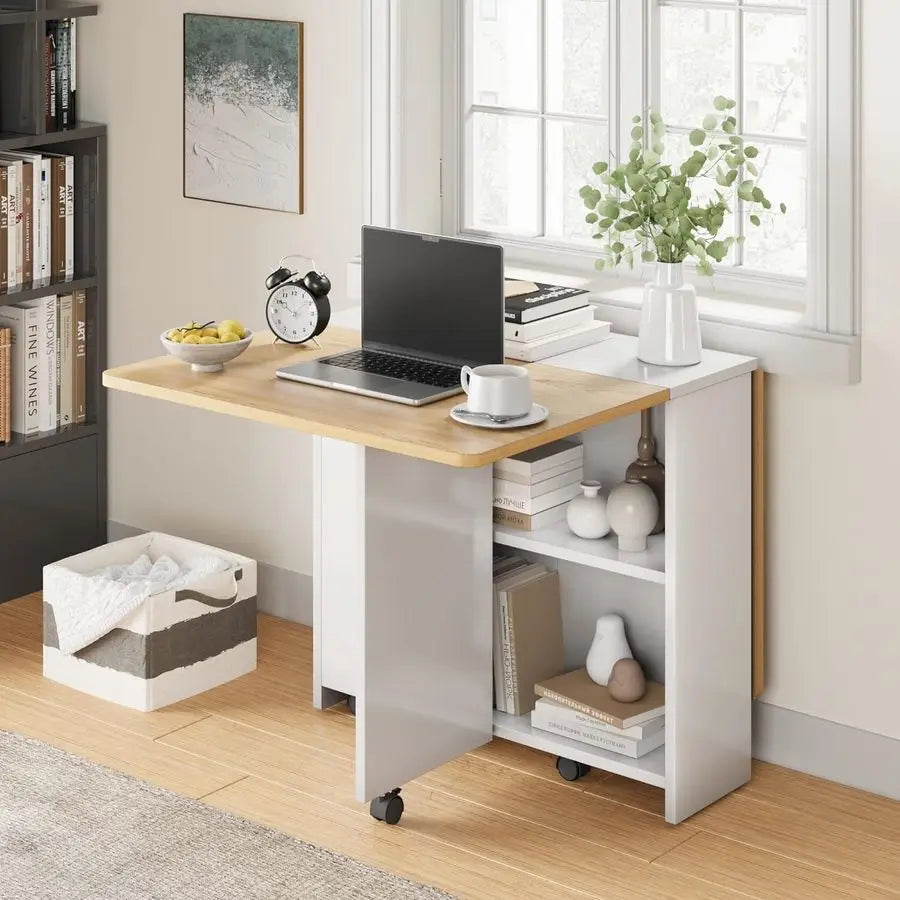 Folding Dining Table, Space Saving, Storage Shelf, 6 Wheels