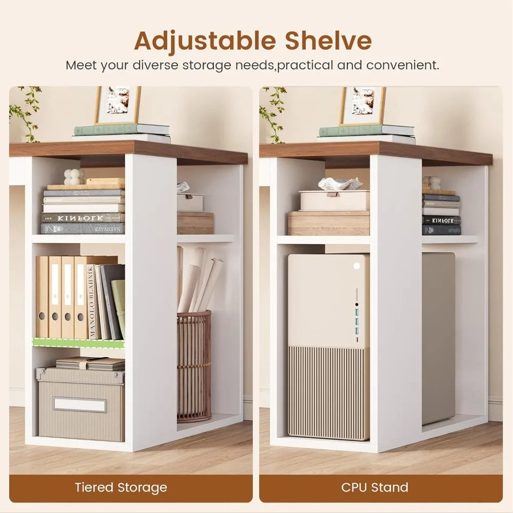 55.1" Farmhouse Desk w/ 3 Drawers, File Drawer & Shelves, Computer Desk w/ Power Outlet, White/Brown