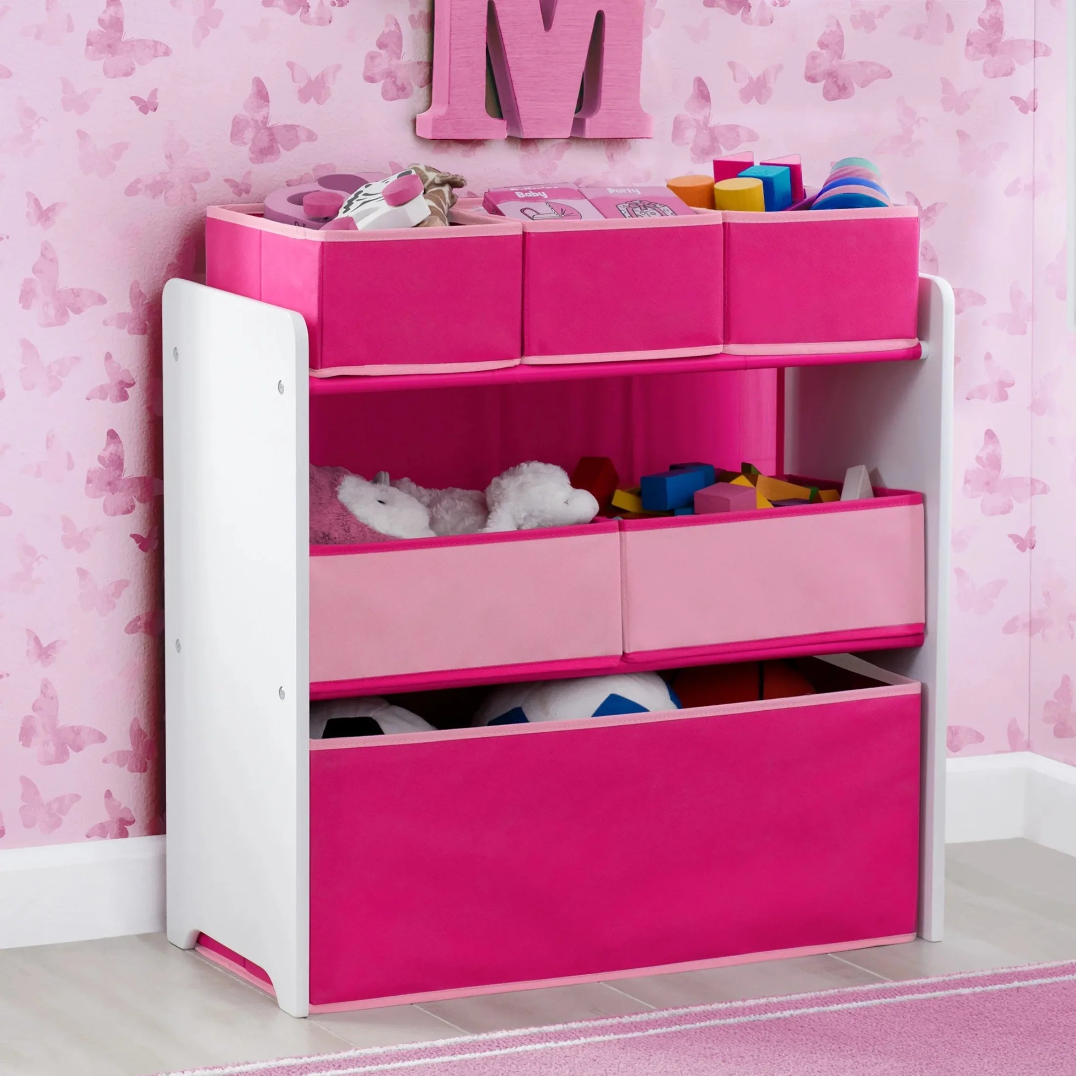 Children 6 Bin Design and Store Toy Organizer, White/Pink